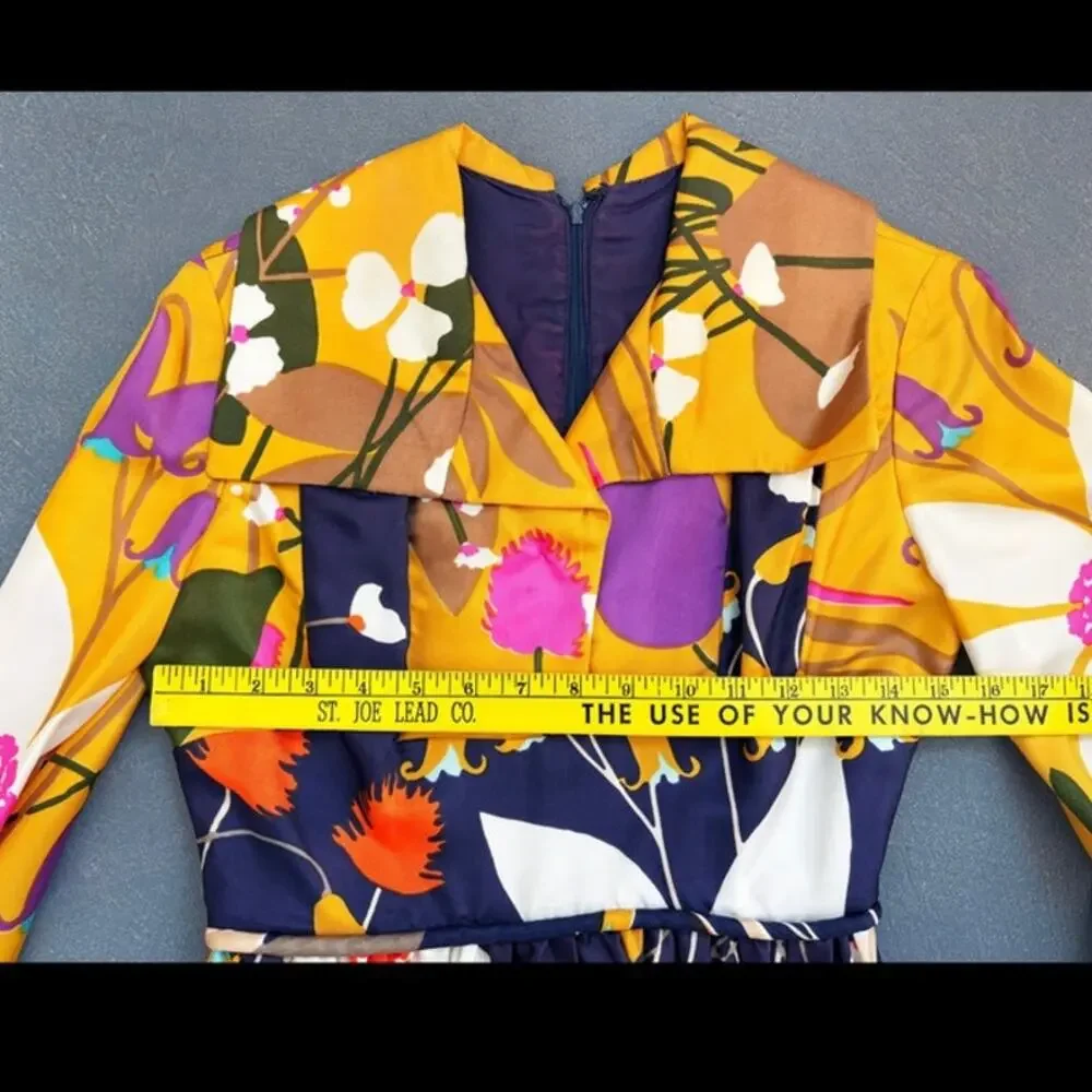 Vintage 60s Flower Power Multi-Color Rayon Long Sleeve Dress S festival - Picture 6 of 9